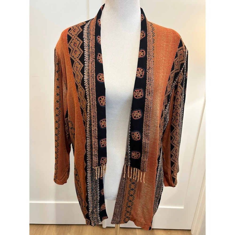 Vintage Earthy Geometric Pattern‎ Beaded Fringe Open Front Top M Boho Earthy - Picture 2 of 9